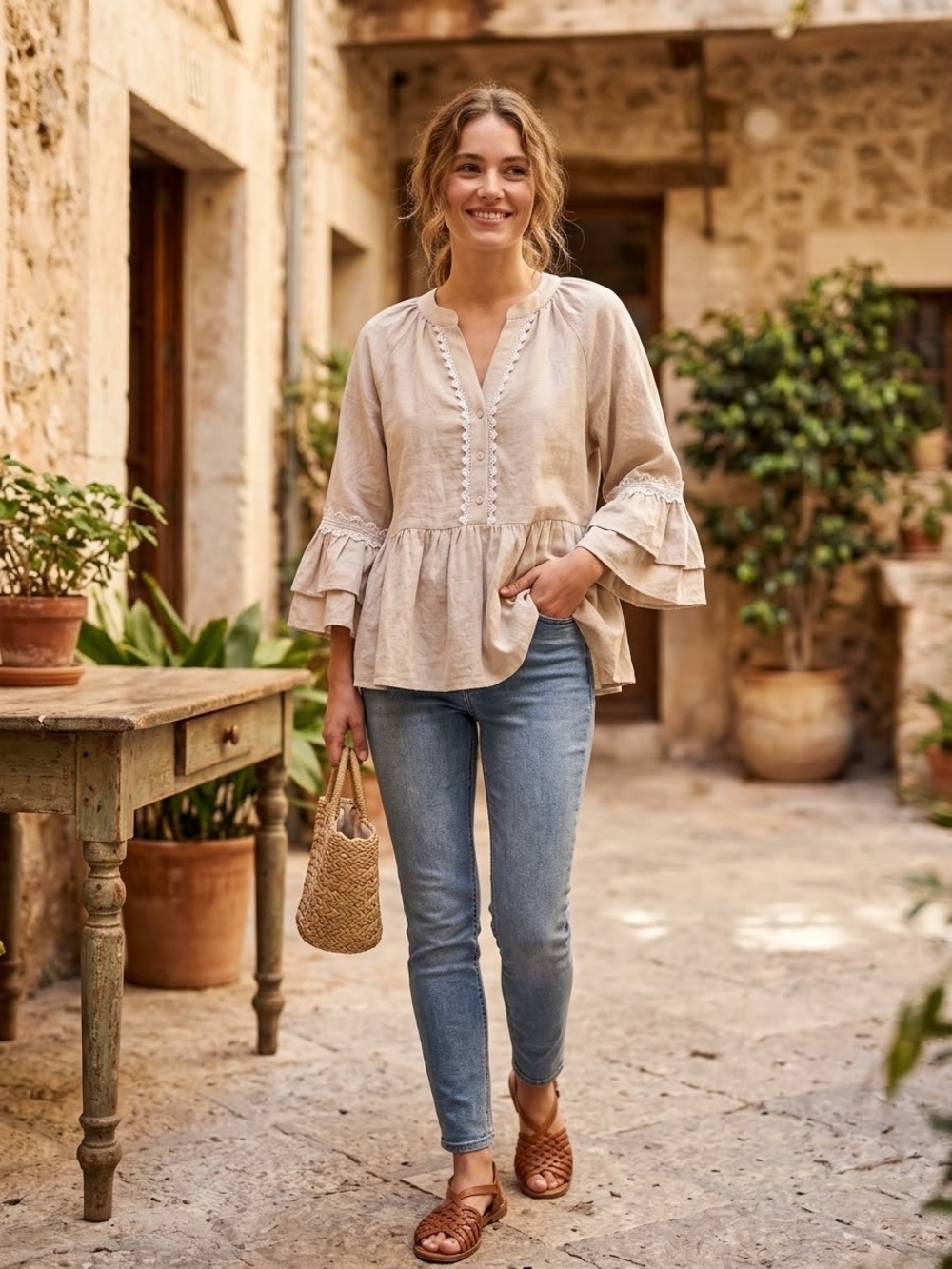 Le February Linen-Blend Cream Ruffle Tunic Top